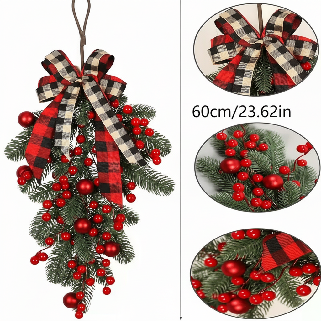 Rustic Christmas Teardrop Swag with Plaid Bow & Berries