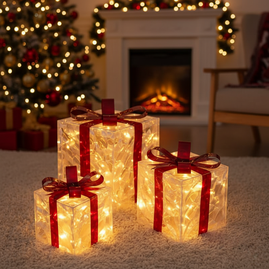 Set of 3 Light-Up LED Christmas Gift Box Decorations