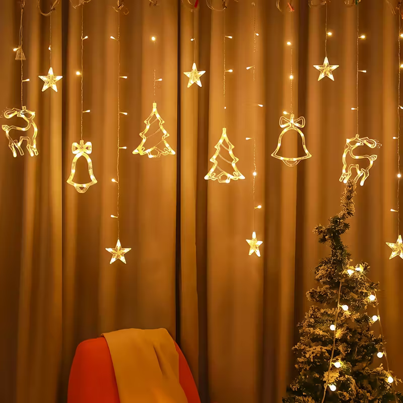 LED Christmas Curtain Lights with Bells, Reindeer, and Trees