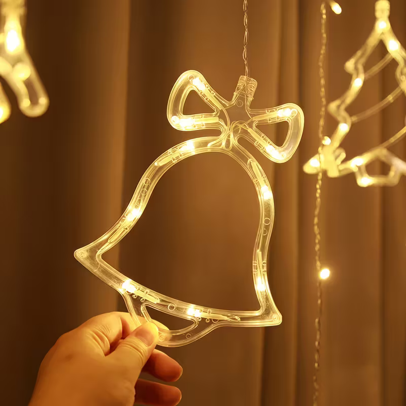 LED Christmas Curtain Lights with Bells, Reindeer, and Trees