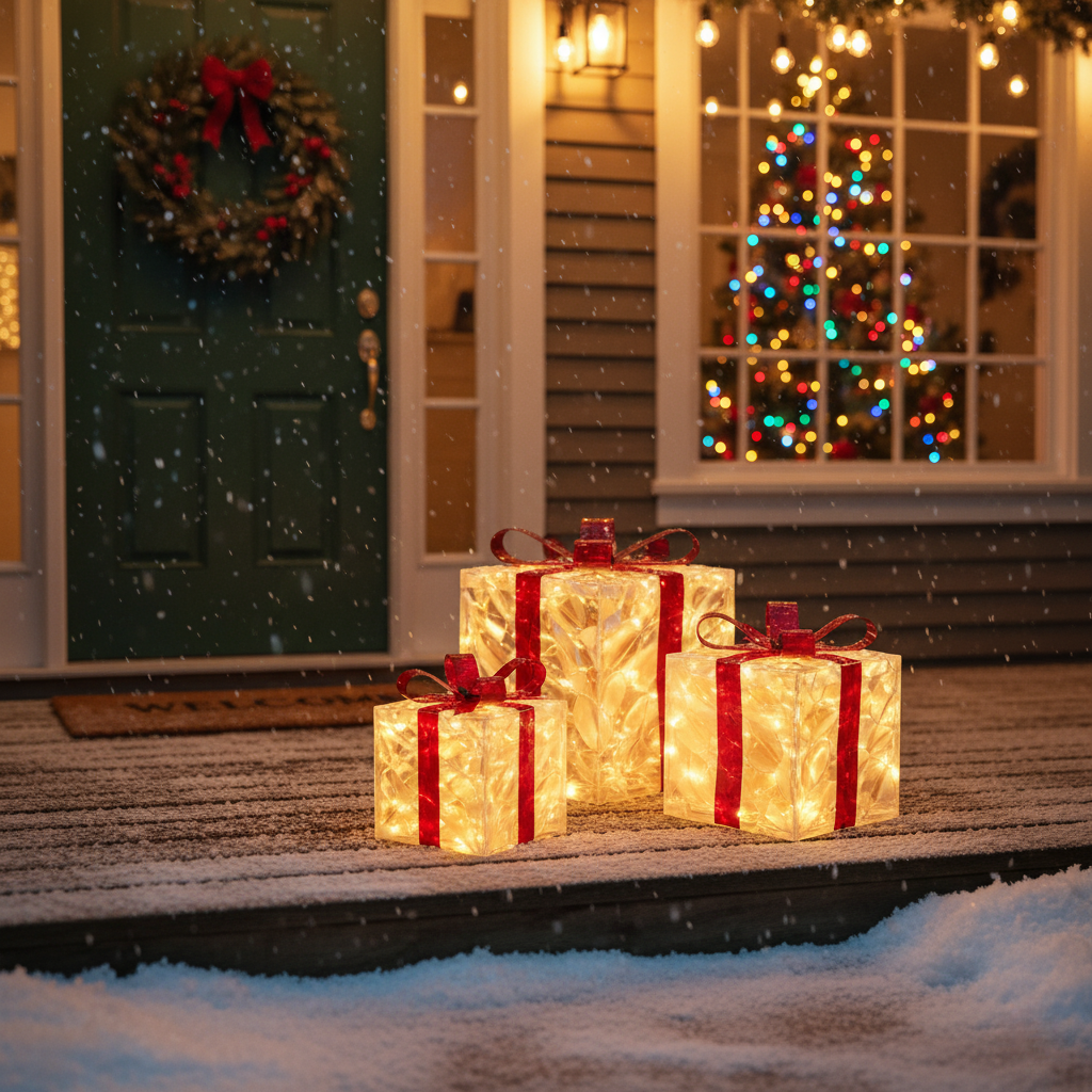 Set of 3 Light-Up LED Christmas Gift Box Decorations