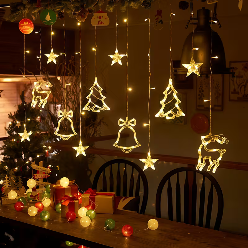 LED Christmas Curtain Lights with Bells, Reindeer, and Trees