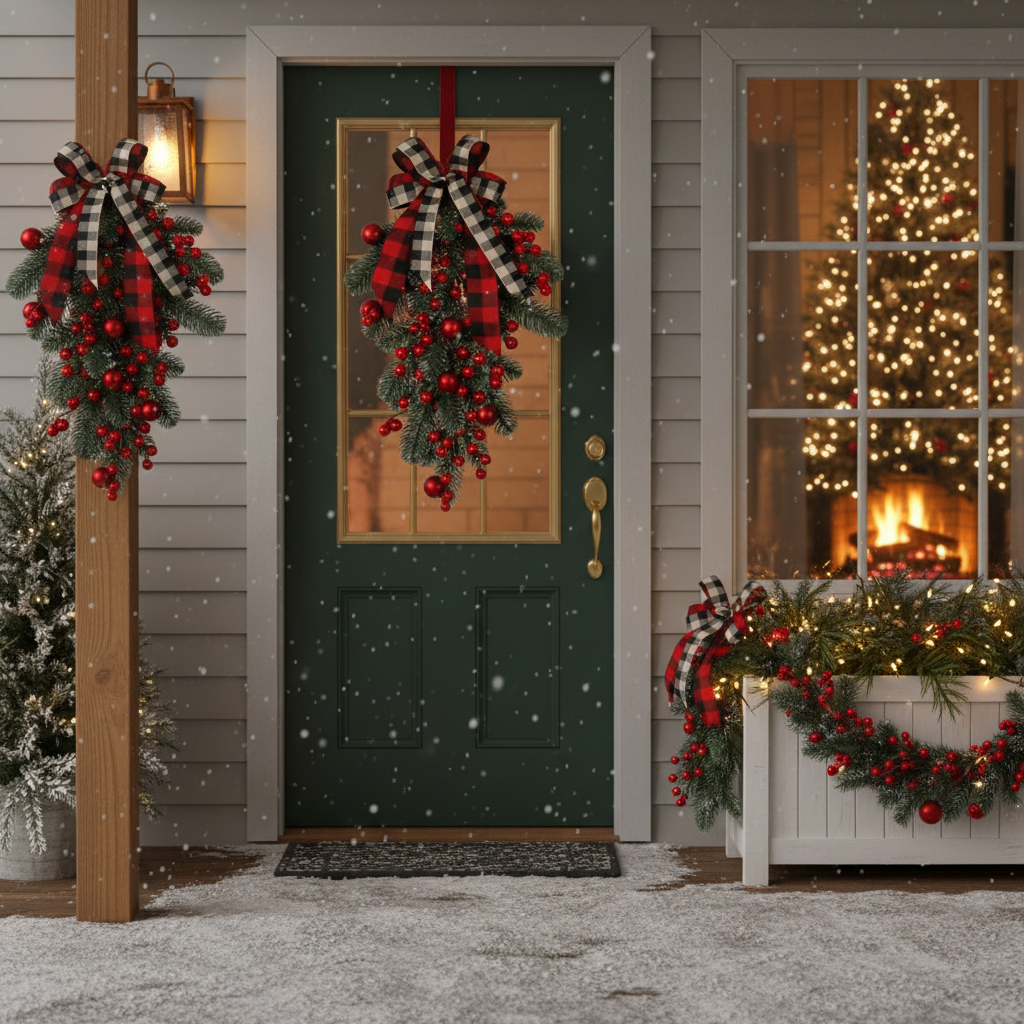 Rustic Christmas Teardrop Swag with Plaid Bow & Berries