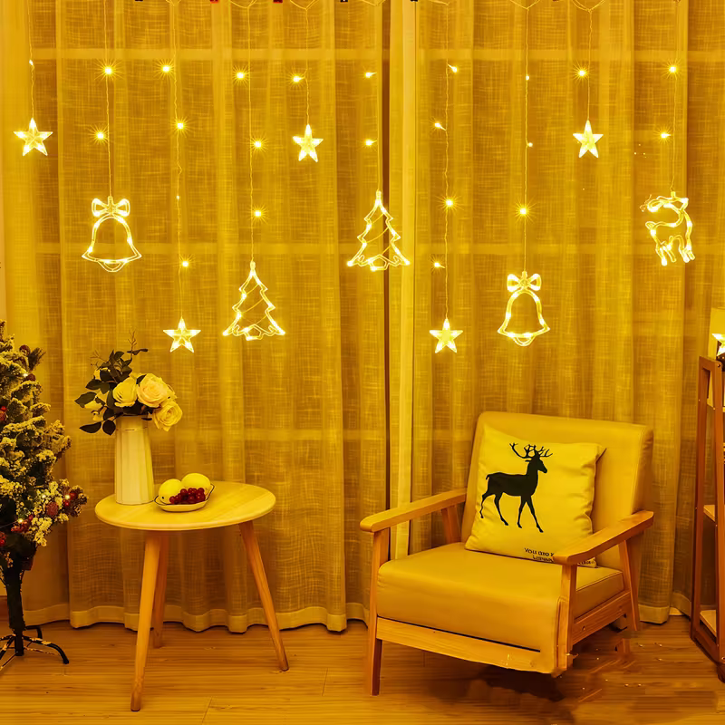 LED Christmas Curtain Lights with Bells, Reindeer, and Trees