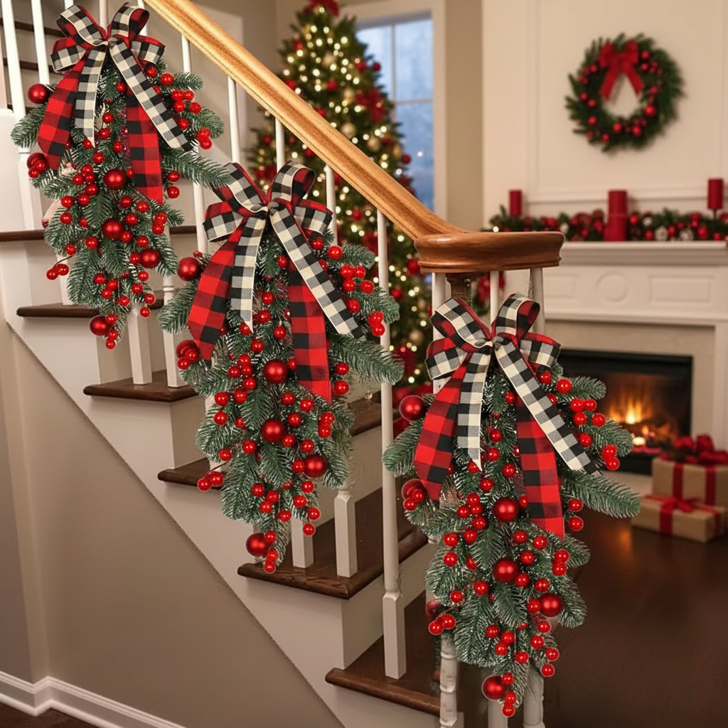 Rustic Christmas Teardrop Swag with Plaid Bow & Berries