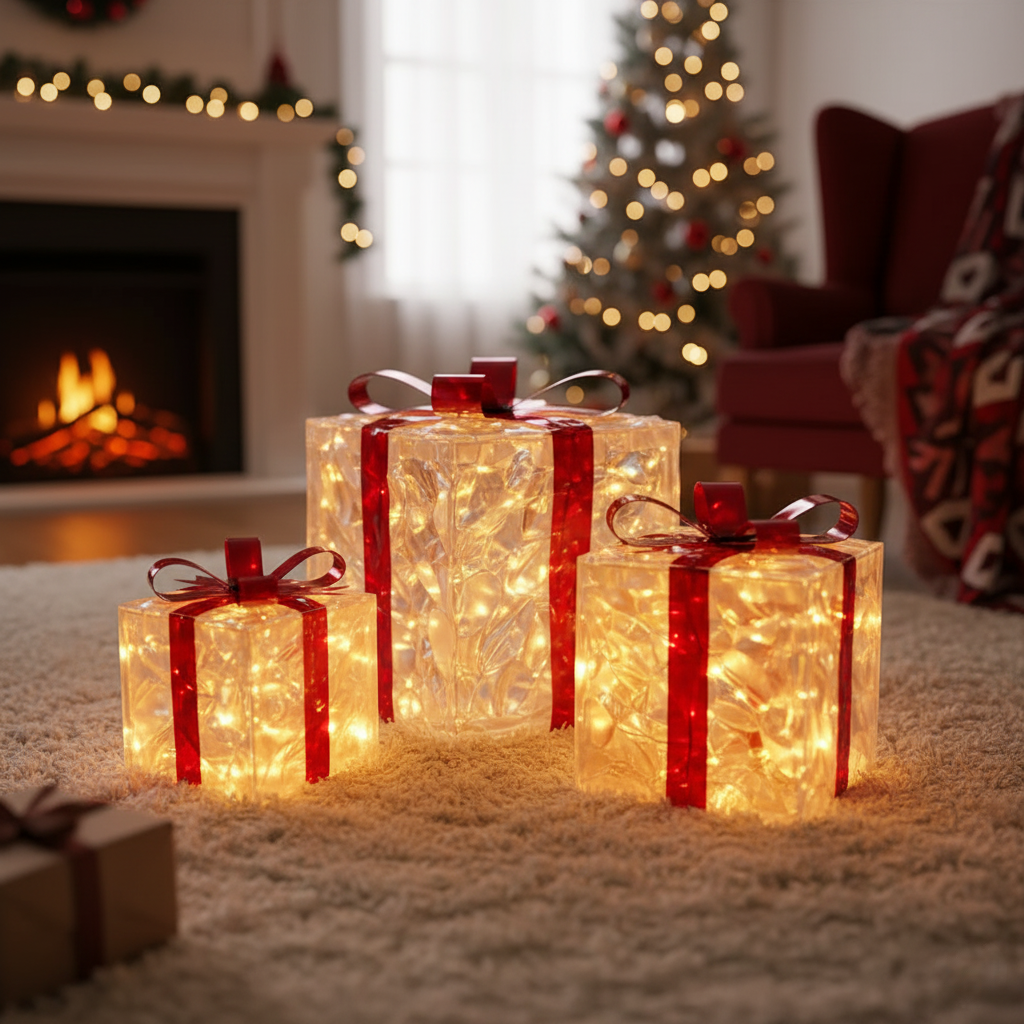 Set of 3 Light-Up LED Christmas Gift Box Decorations